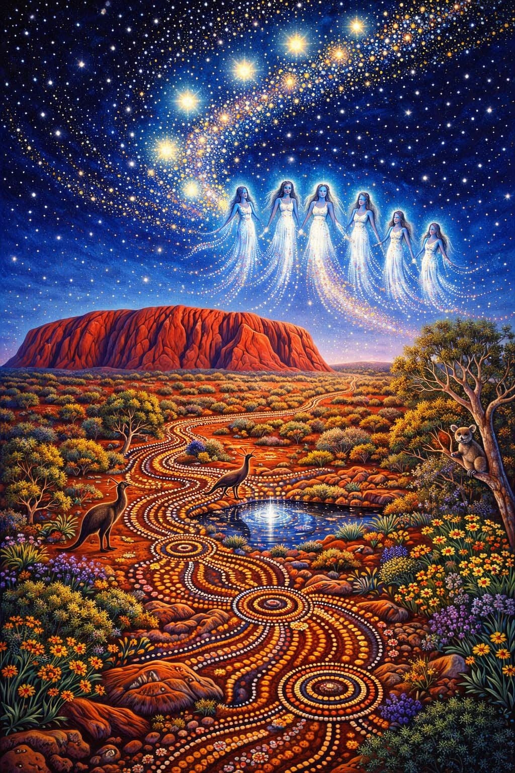 A painting of the Seven Sisters as luminous women in a starry sky above a red desert monolith, a glowing dotted path winding through wildflowers below