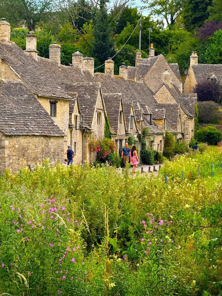A row of steep gabled stone cottages behind a bank of wildflowers and long grass, a few people walking the lane in front of them