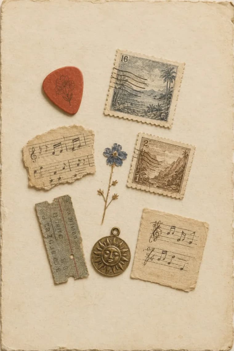 A board of found objects on a deckled card: two engraved stamps, torn scraps of sheet music, a pressed blue flower, a ticket stub, a coral guitar pick and a brass sun pendant