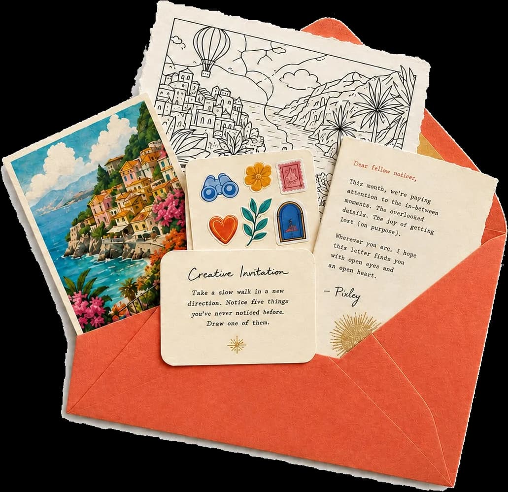 A coral envelope lying open, with a painted postcard, a line-drawn art sheet, a sticker card, a typed letter and an invitation card spilling out of it