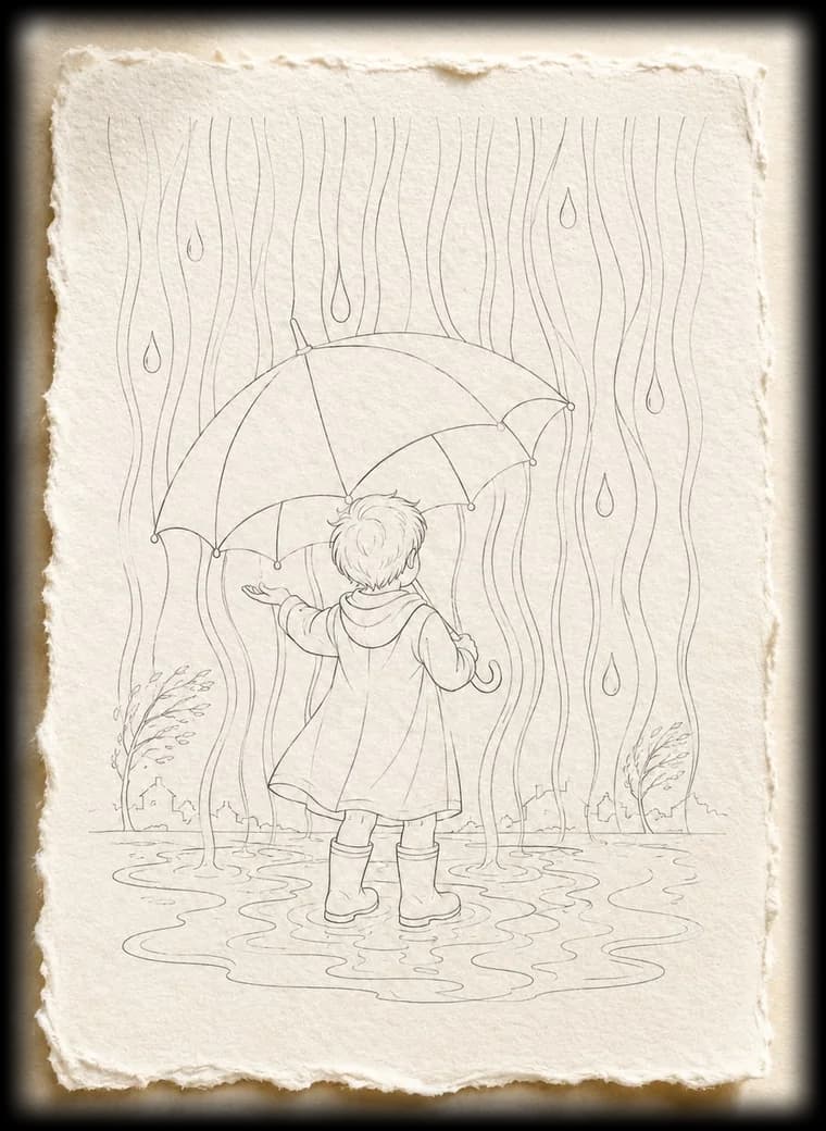 A second line drawing on a deckled sheet: a child in a raincoat and boots stands in a puddle under a wide umbrella, rain falling in long wavy lines behind them