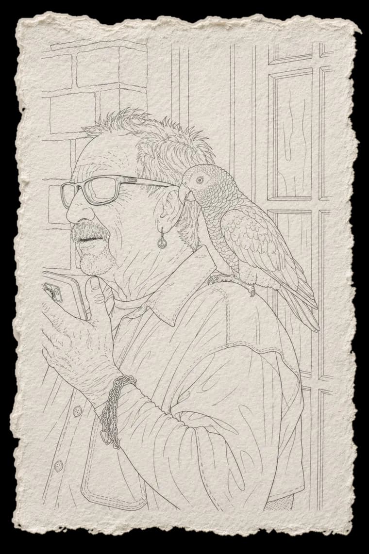 A line drawing on a deckled sheet, printed ready to color in: a man in glasses holds up his phone, a parrot perched on his shoulder leaning in to look at it with him