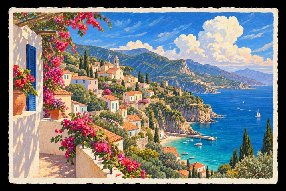 A painted postcard of a steep Mediterranean village above a turquoise bay