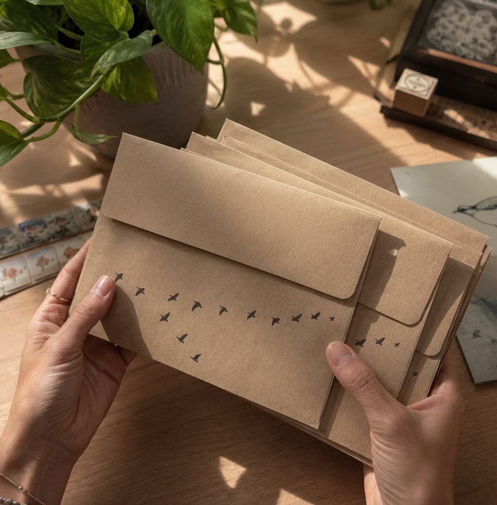 A stack of kraft-paper letters printed with a flock of birds, held over a sunlit desk