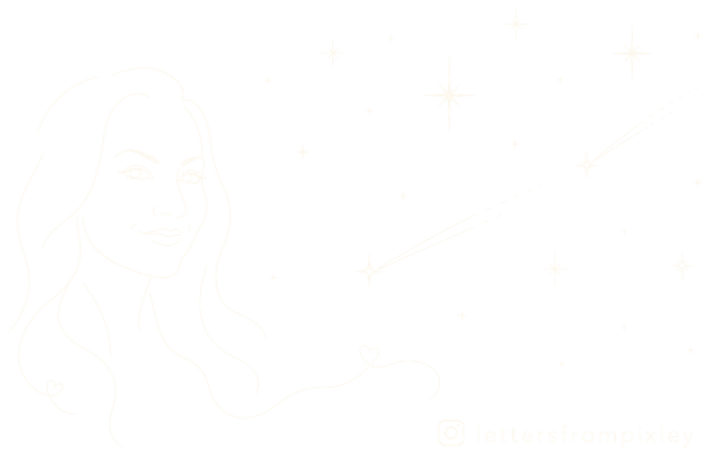 A line drawing of Sarah, her hair unfurling across a sky of stars and shooting stars, signed lettersfrompixley