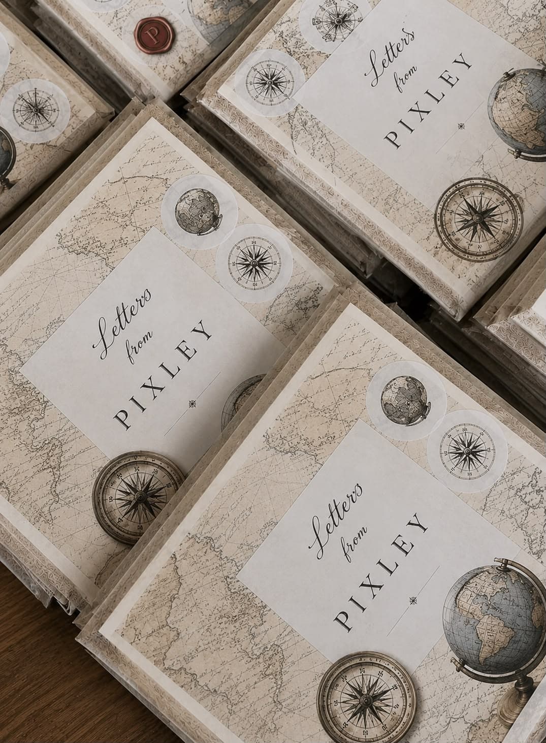 Stacks of Letters from Pixley cards laid over antique maps, compasses, and a wax seal