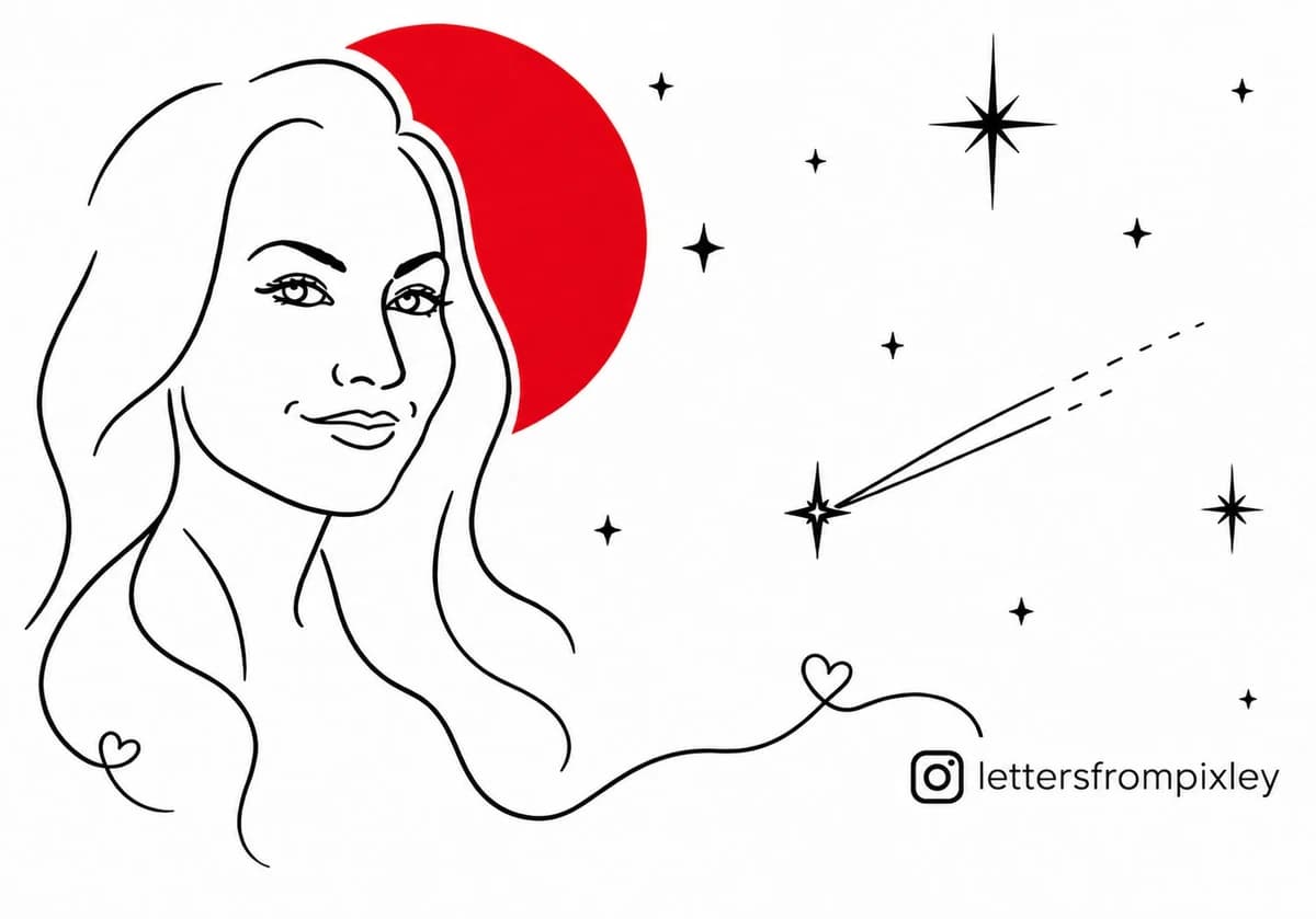 A line drawing of Sarah with long wavy hair, a red moon behind her, stars and a shooting star beside her and the handle lettersfrompixley